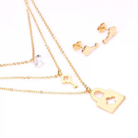 Lock Key Clover Pendant Necklace/Earring set